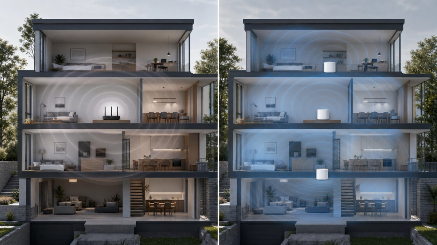 Mesh Wi-Fi vs Traditional Router shown in a practical side-by-side comparison
