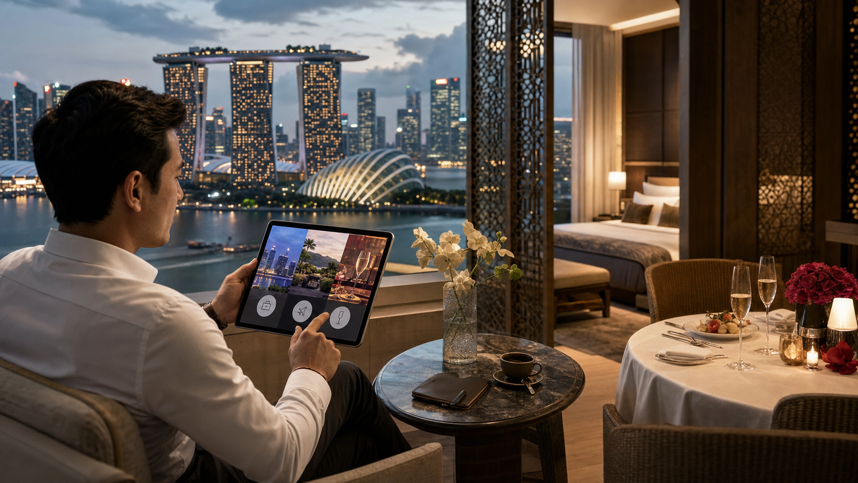 Traveller comparing Singapore luxury hotels for work, stopover and celebration
