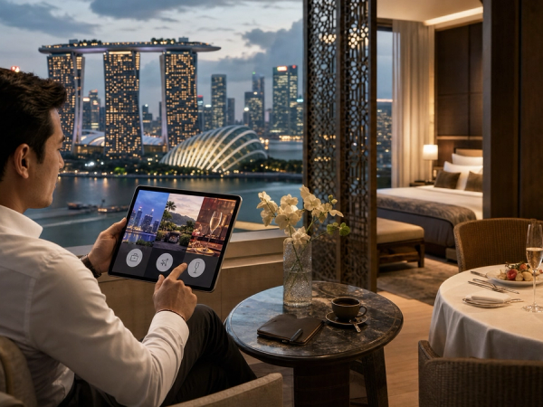 Traveller comparing Singapore luxury hotels for work, stopover and celebration