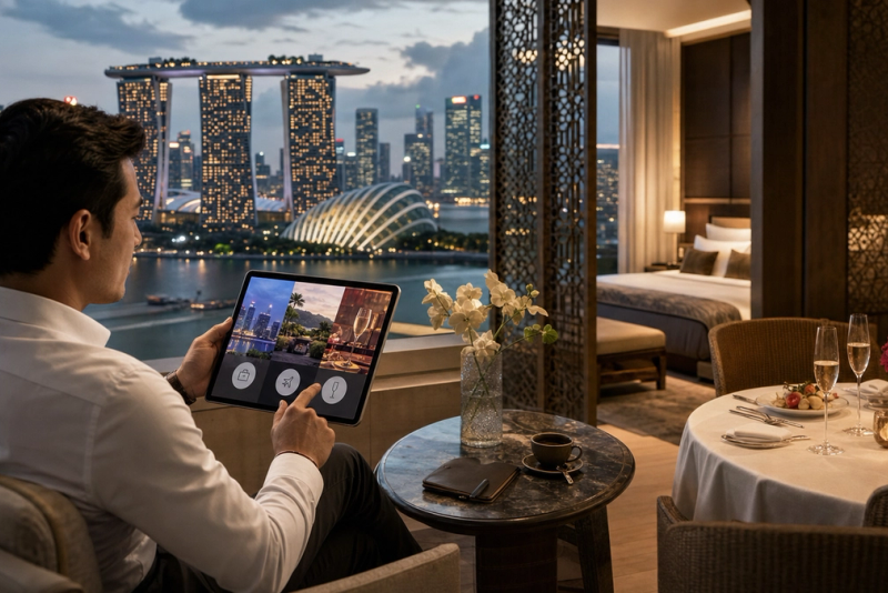 Traveller comparing Singapore luxury hotels for work, stopover and celebration