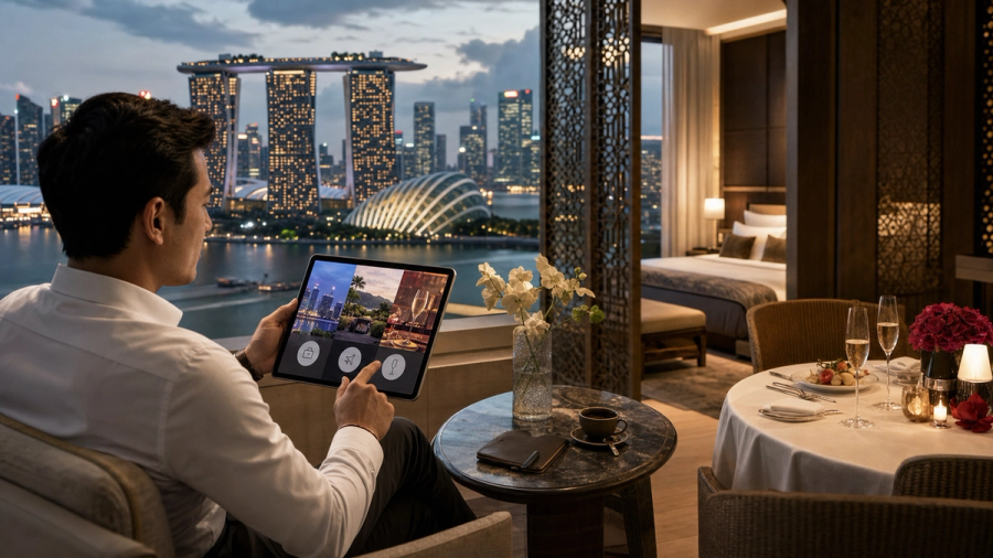 Traveller comparing Singapore luxury hotels for work, stopover and celebration
