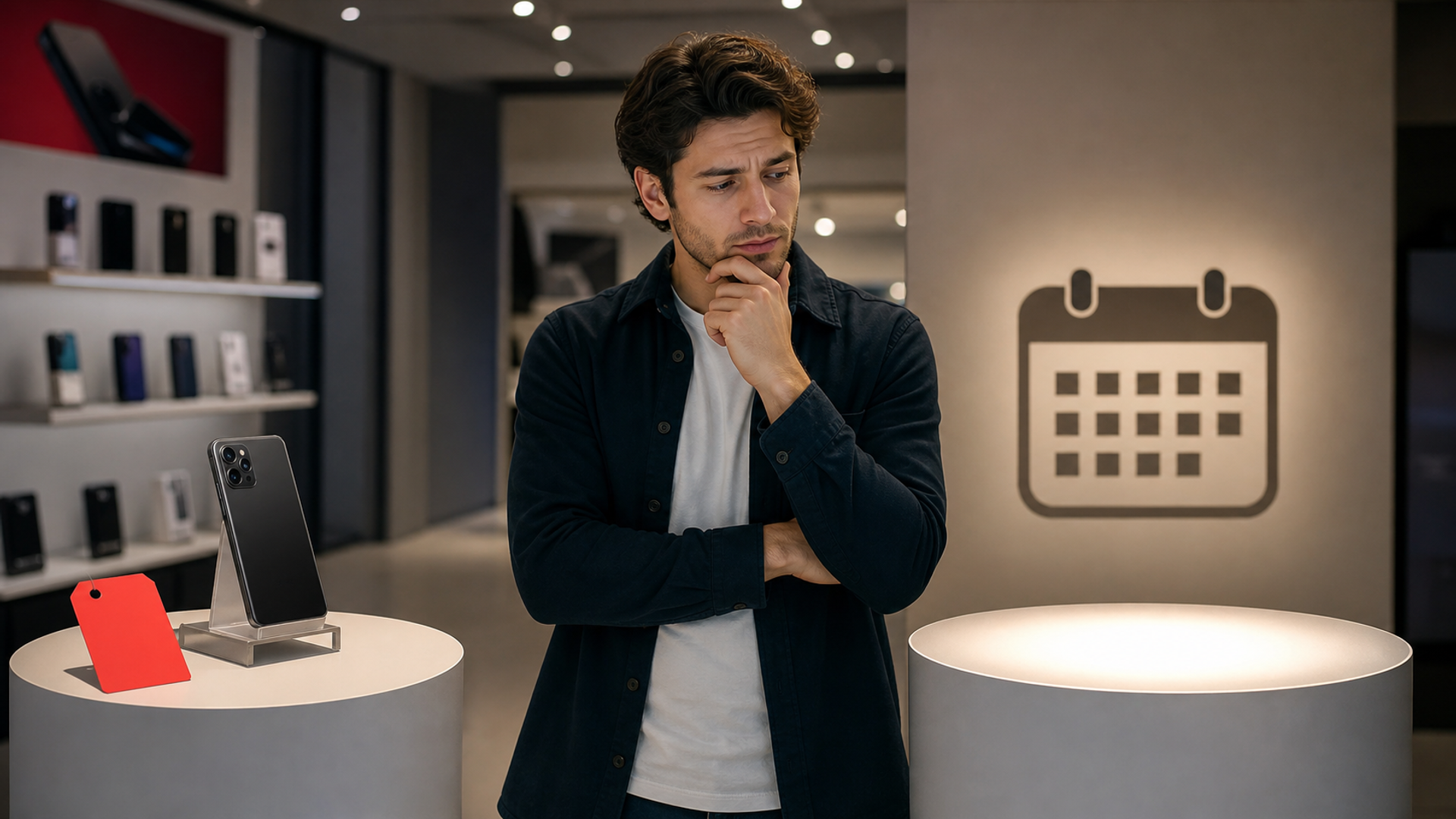 A current unbranded Android phone with a sale tag beside a covered next-generation phone silhouette and August calendar on a clean retail counter, no logos or text