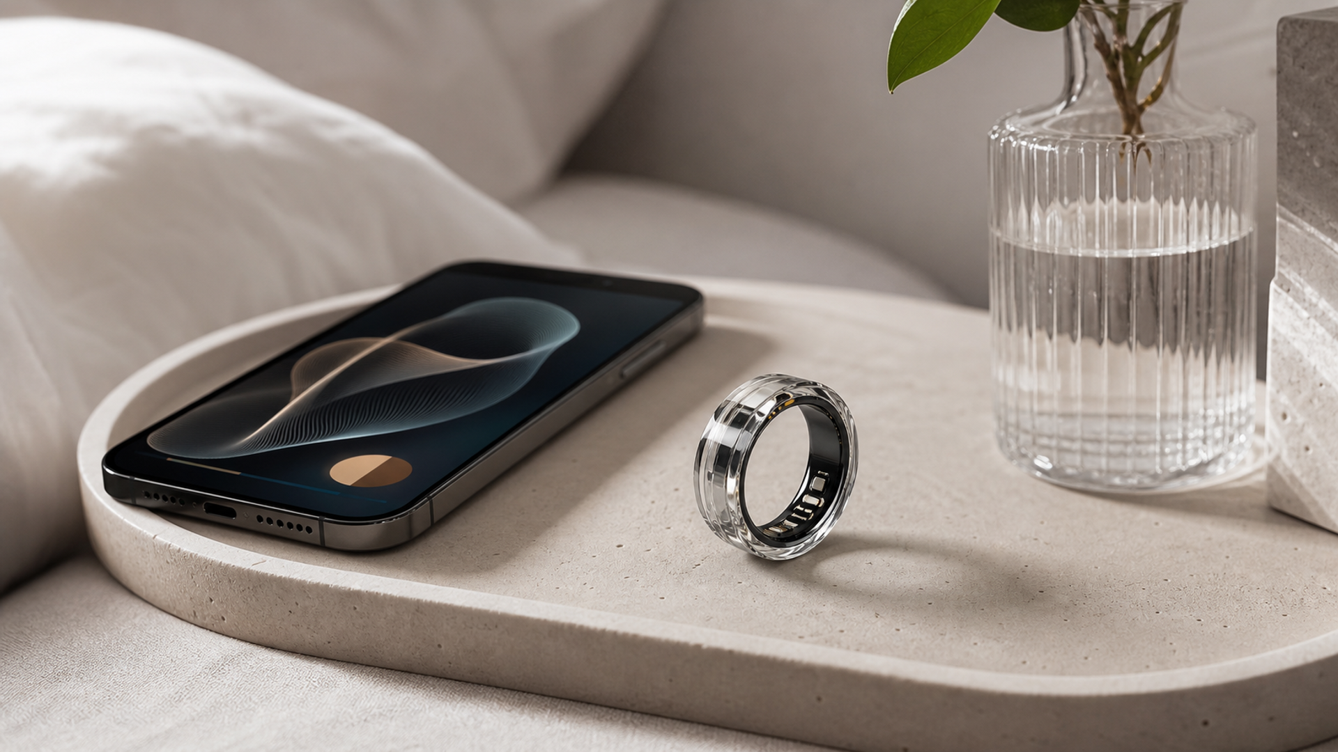 A translucent luxury smart ring on a pale stone bedside tray beside a phone showing an abstract wellness trend without readable text