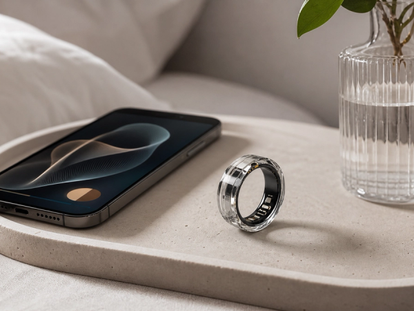 A translucent luxury smart ring on a pale stone bedside tray beside a phone showing an abstract wellness trend without readable text