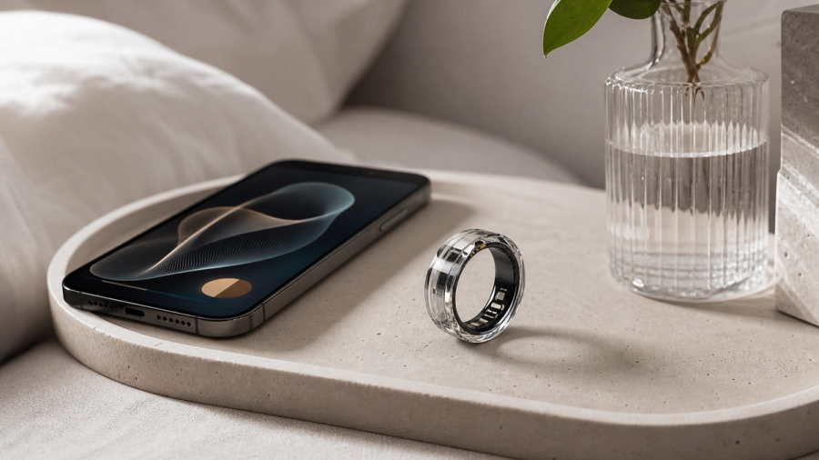 A translucent luxury smart ring on a pale stone bedside tray beside a phone showing an abstract wellness trend without readable text