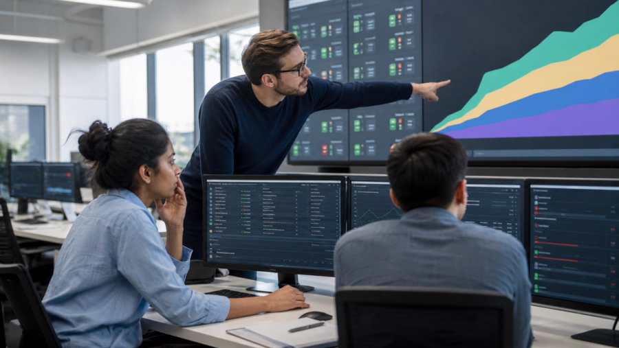 Operations leaders reviewing an AI-agent adoption dashboard with user definitions, activity windows and evidence confidence levels