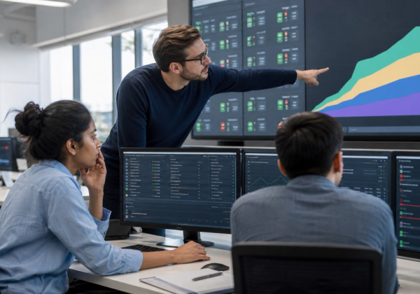 Operations leaders reviewing an AI-agent adoption dashboard with user definitions, activity windows and evidence confidence levels