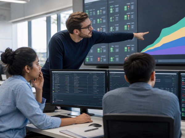 Operations leaders reviewing an AI-agent adoption dashboard with user definitions, activity windows and evidence confidence levels