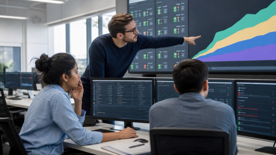 Operations leaders reviewing an AI-agent adoption dashboard with user definitions, activity windows and evidence confidence levels