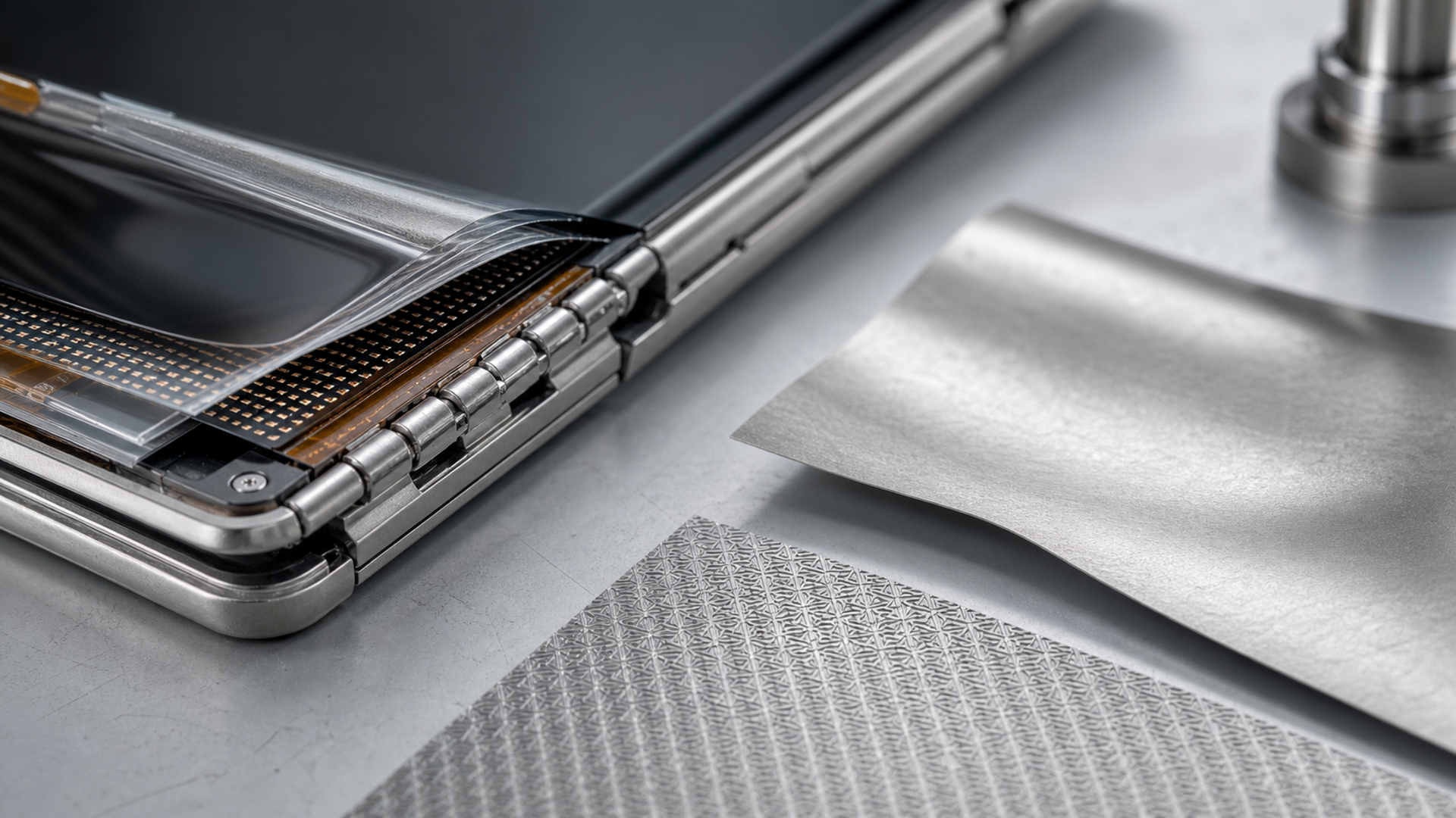 A close-up of a generic foldable display hinge and layered titanium sheet sample under neutral laboratory lighting