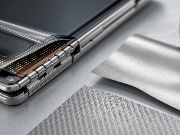 A close-up of a generic foldable display hinge and layered titanium sheet sample under neutral laboratory lighting