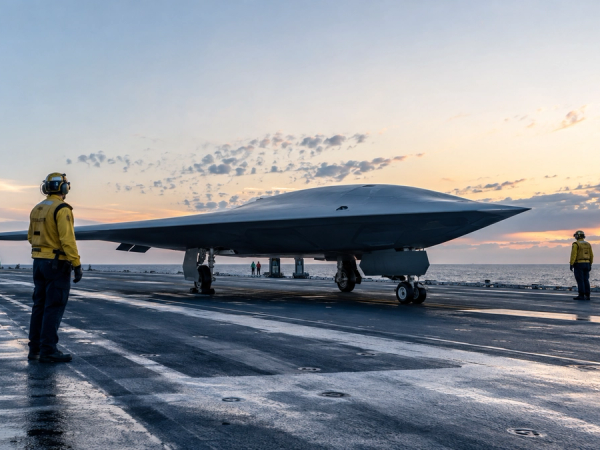 Unmanned aircraft and deck crew on an aircraft carrier at dawn