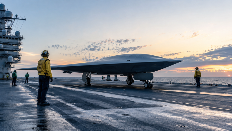 Unmanned aircraft and deck crew on an aircraft carrier at dawn
