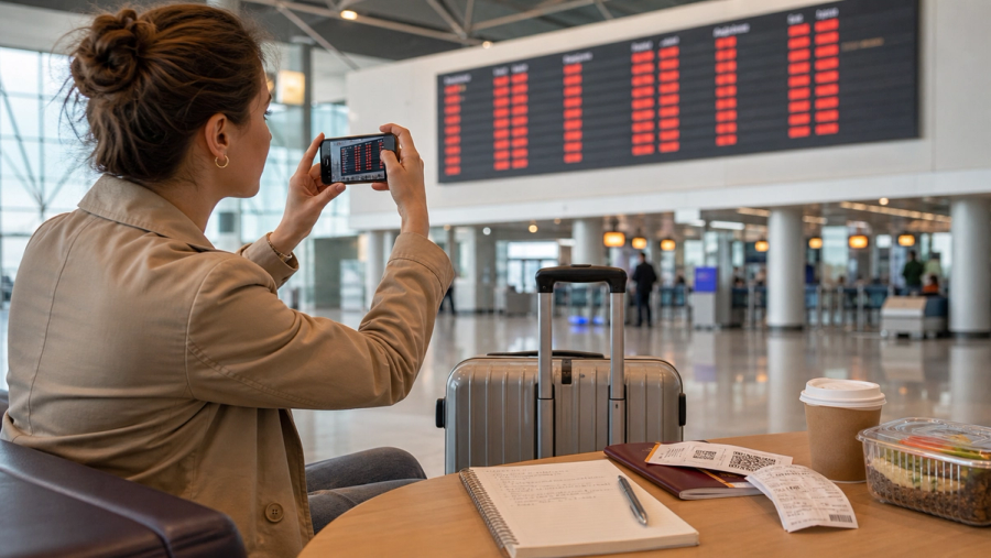 Traveller documenting a cancelled European flight beside a boarding pass and passenger-rights checklist