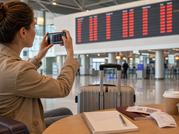 Traveller documenting a cancelled European flight beside a boarding pass and passenger-rights checklist