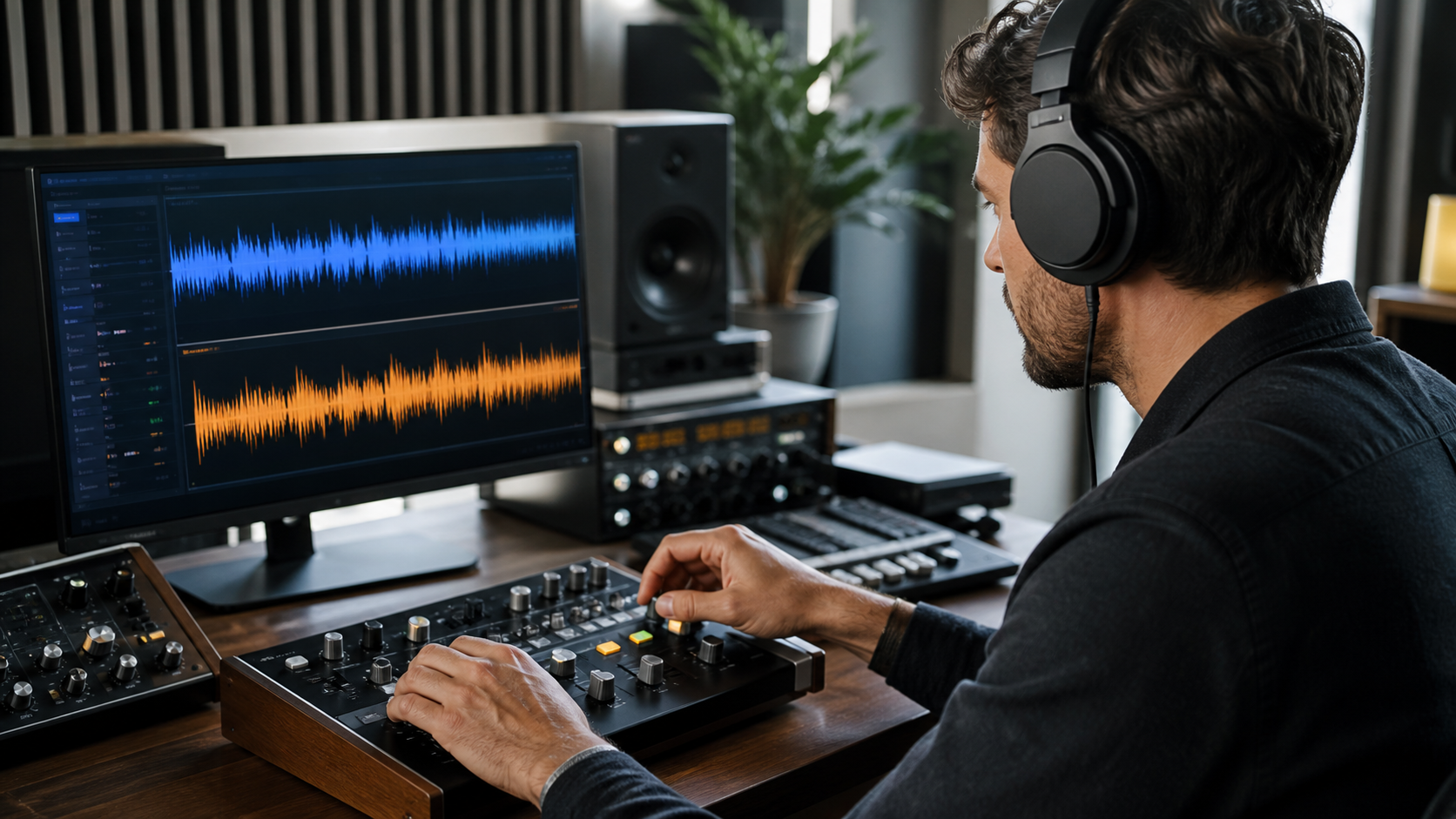Music creator comparing two AI-assisted remix waveforms in a listening studio