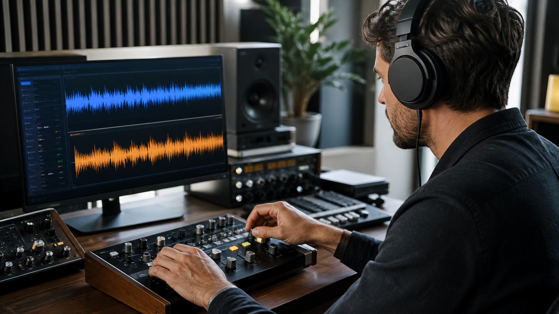 Music creator comparing two AI-assisted remix waveforms in a listening studio