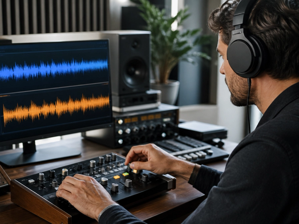 Music creator comparing two AI-assisted remix waveforms in a listening studio
