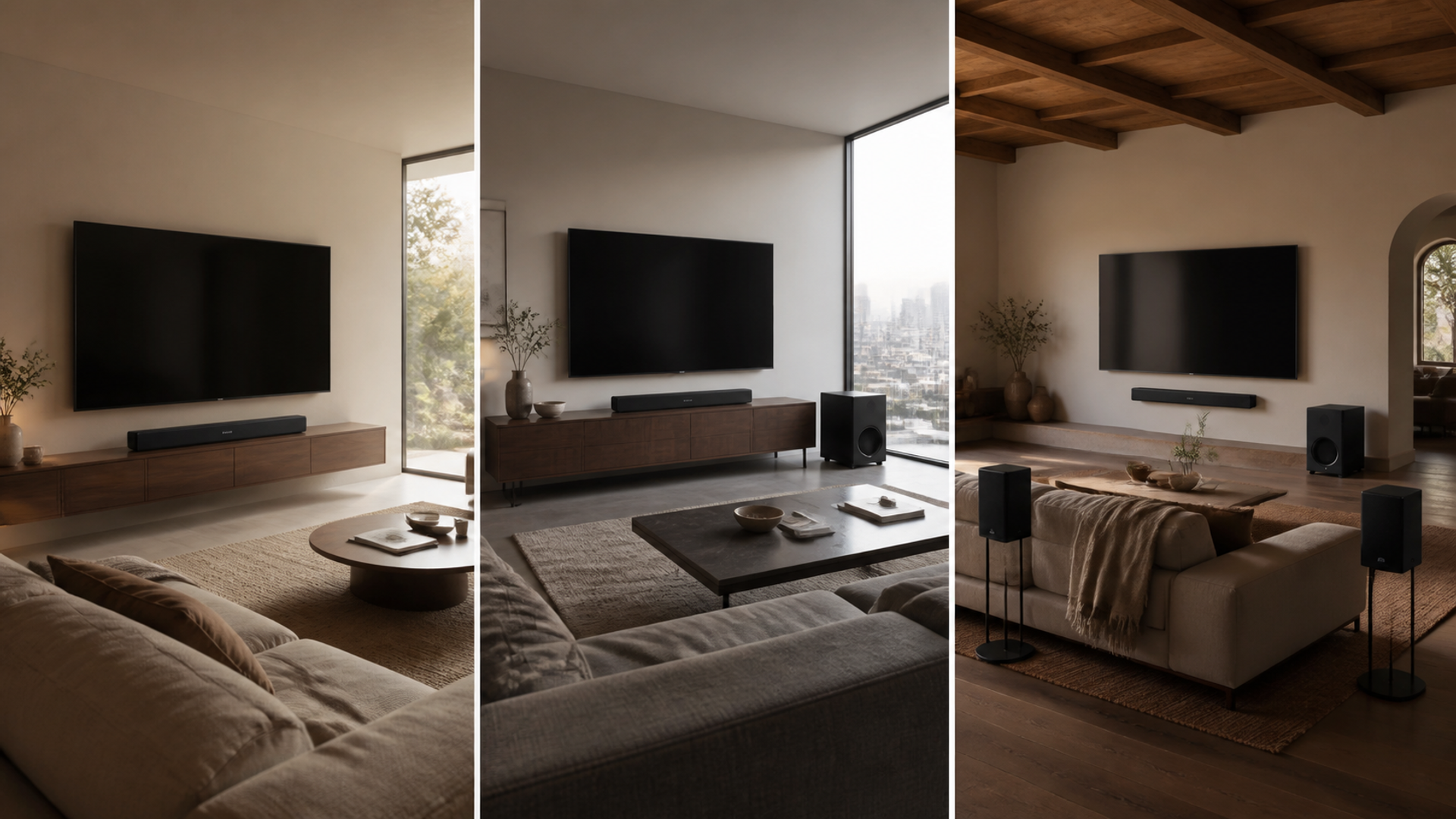 Three soundbar system layouts in contrasting living rooms