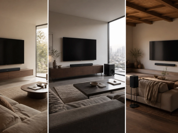 Three soundbar system layouts in contrasting living rooms