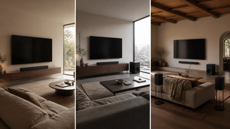 Three soundbar system layouts in contrasting living rooms