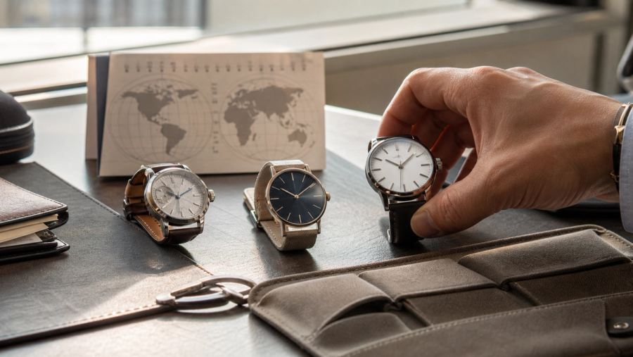 Three travel watches beside a passport showing mechanical, quartz and solar ownership choices
