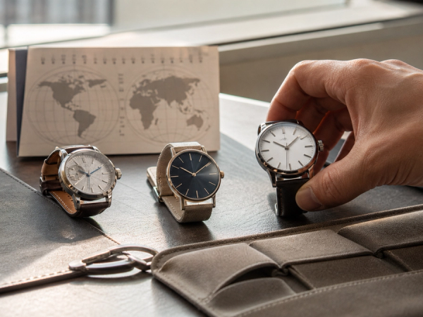 Three travel watches beside a passport showing mechanical, quartz and solar ownership choices