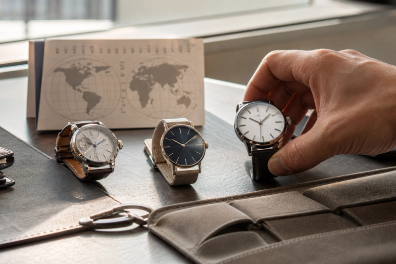 Three travel watches beside a passport showing mechanical, quartz and solar ownership choices