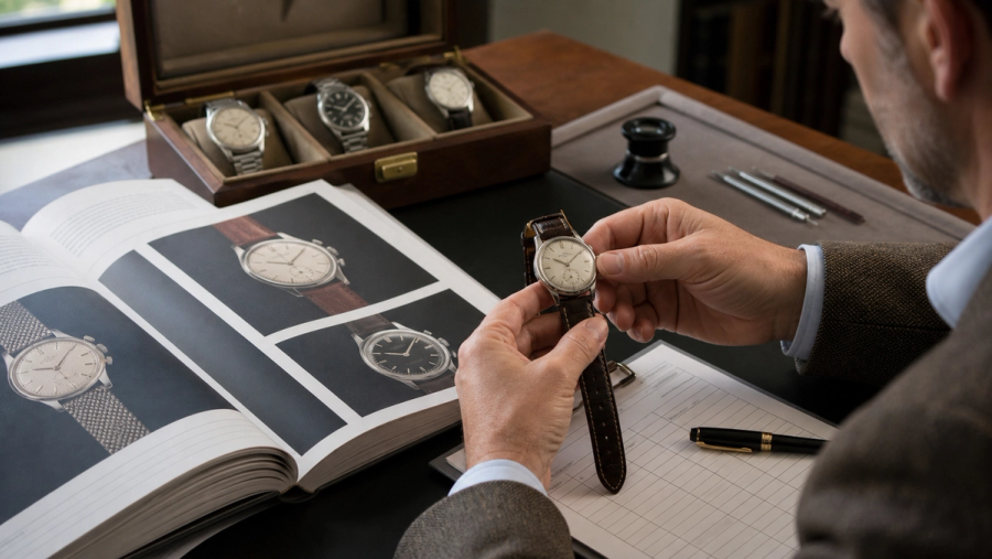 A rare mechanical watch viewed beside an auction catalogue, loupe and anonymised comparable-sales cards on a wood desk, no visible brand logos or text