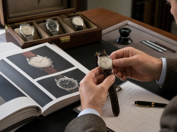 A rare mechanical watch viewed beside an auction catalogue, loupe and anonymised comparable-sales cards on a wood desk, no visible brand logos or text