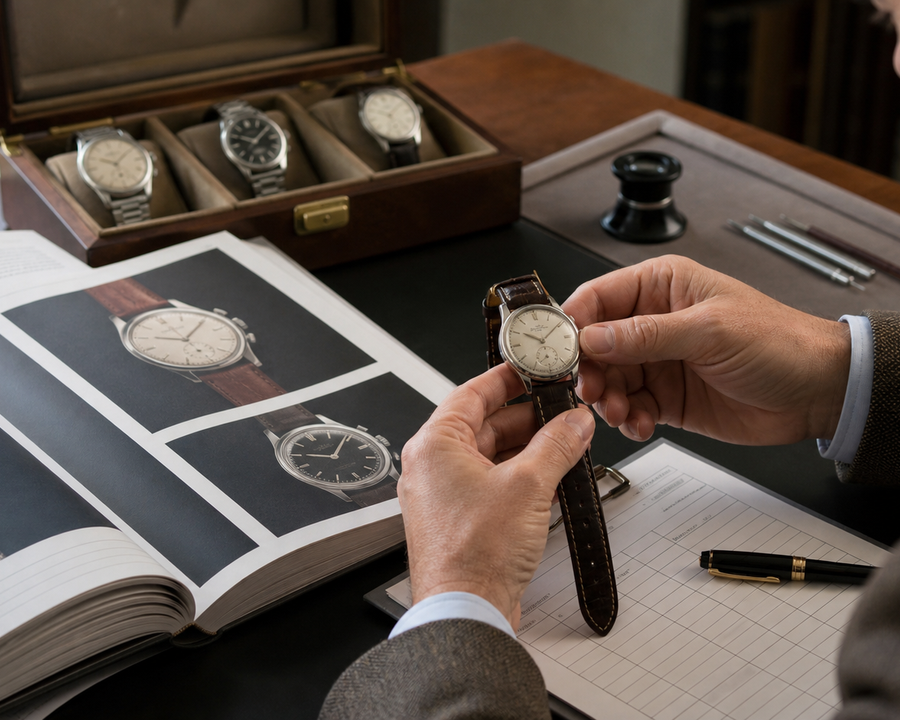 A rare mechanical watch viewed beside an auction catalogue, loupe and anonymised comparable-sales cards on a wood desk, no visible brand logos or text