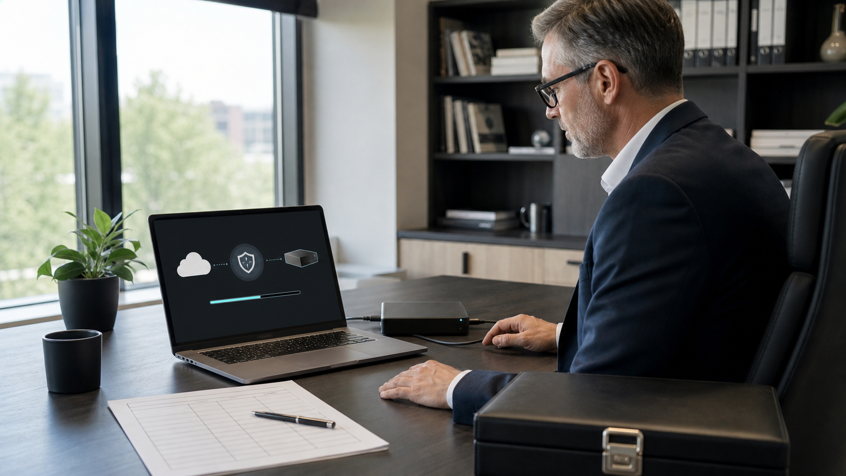 An executive reviewing a secure AI data export checklist on a laptop beside encrypted archive drives