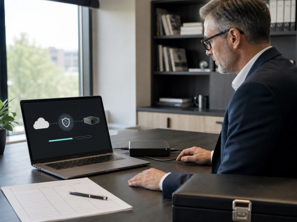An executive reviewing a secure AI data export checklist on a laptop beside encrypted archive drives