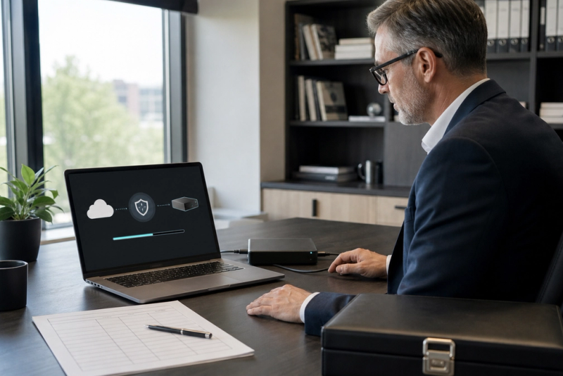 An executive reviewing a secure AI data export checklist on a laptop beside encrypted archive drives