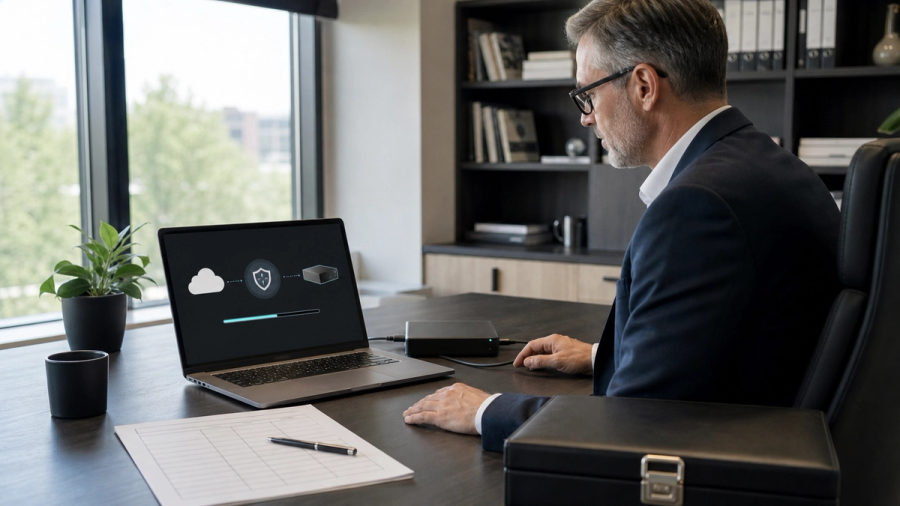 An executive reviewing a secure AI data export checklist on a laptop beside encrypted archive drives