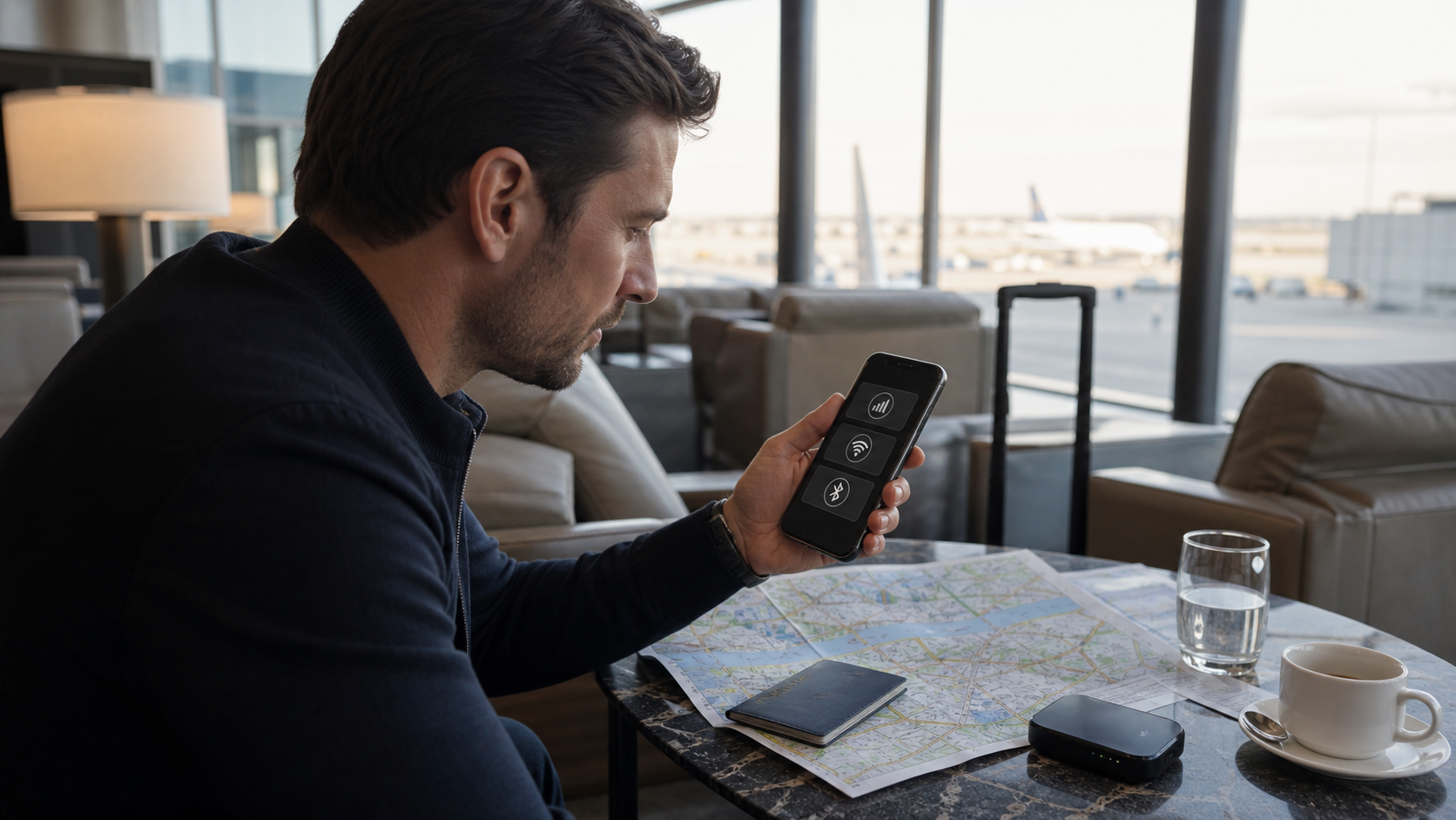 Traveller comparing roaming, travel eSIM and local mobile data options