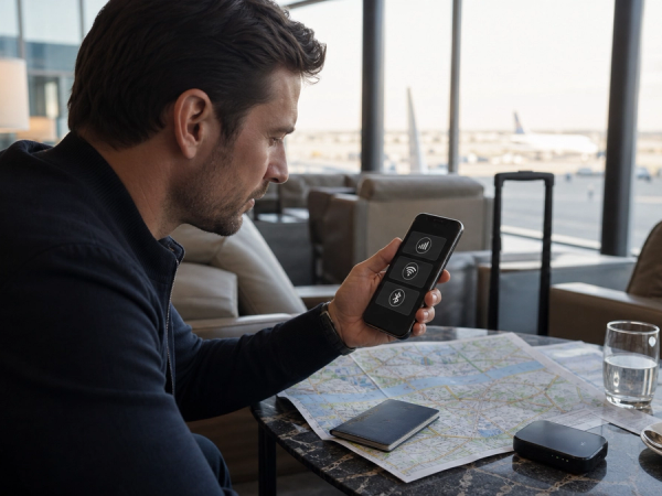 Traveller comparing roaming, travel eSIM and local mobile data options
