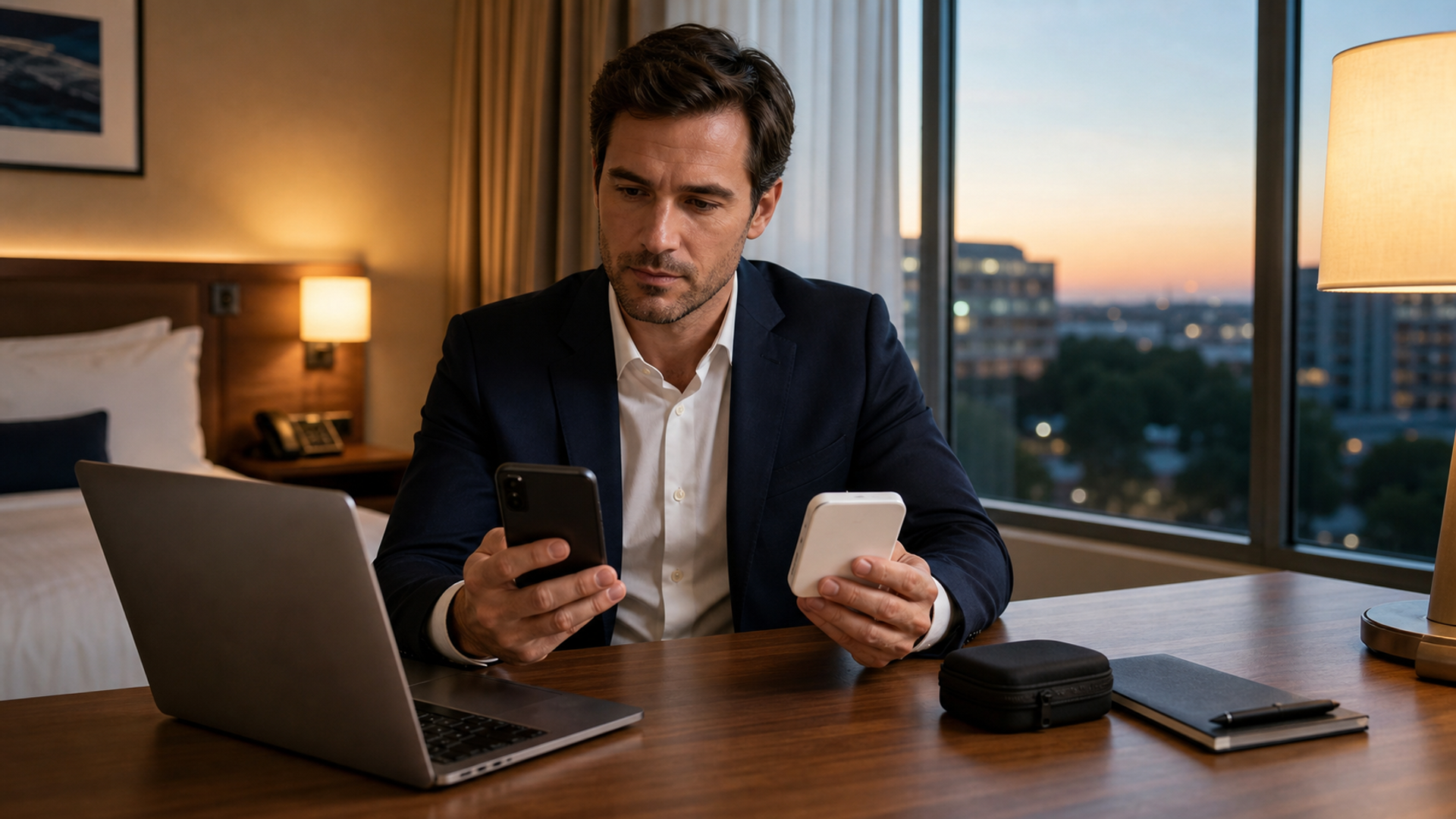 Business traveller comparing hotel Wi-Fi, a phone hotspot and a compact travel router at a desk
