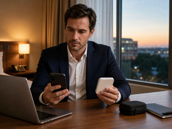Business traveller comparing hotel Wi-Fi, a phone hotspot and a compact travel router at a desk