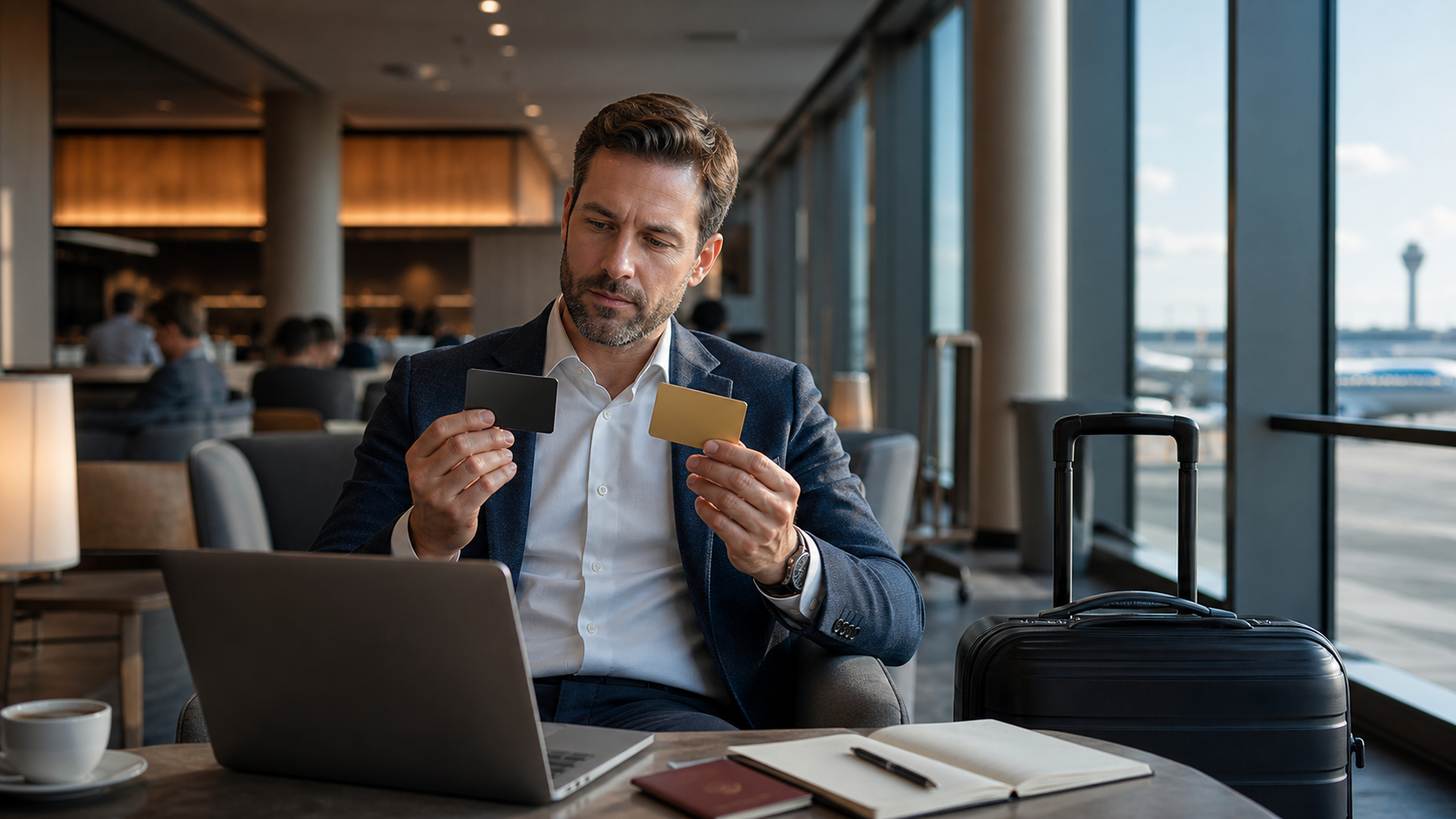 Executive comparing premium travel-card benefits in an airport lounge
