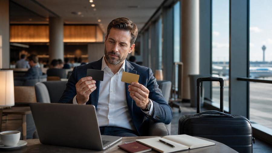 Executive comparing premium travel-card benefits in an airport lounge