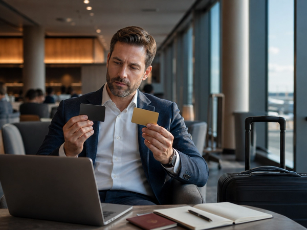 Executive comparing premium travel-card benefits in an airport lounge