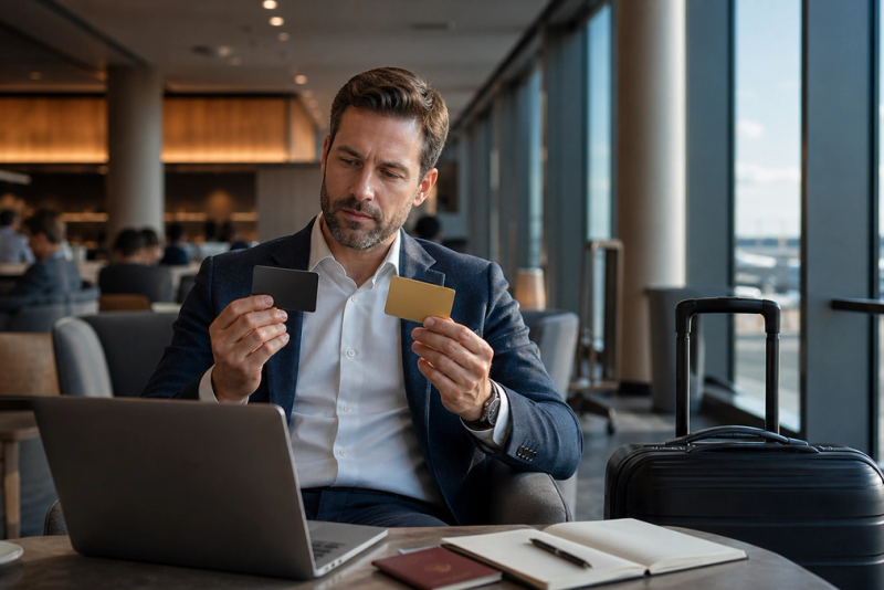 Executive comparing premium travel-card benefits in an airport lounge