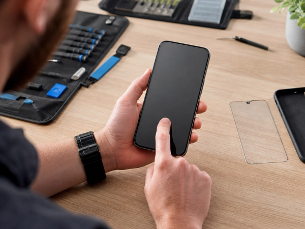 A phone owner testing an unresponsive touchscreen on a clean repair bench after removing the case and screen protector
