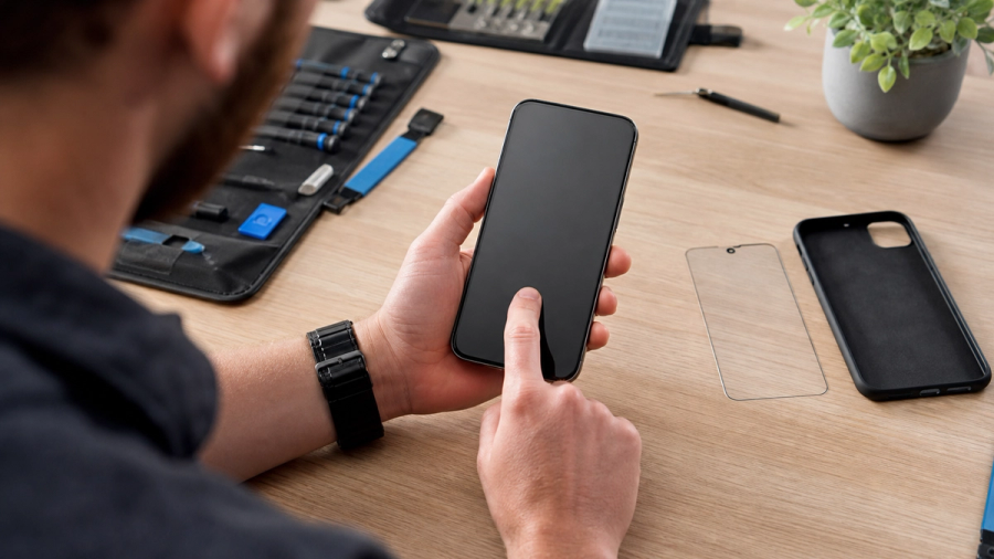 A phone owner testing an unresponsive touchscreen on a clean repair bench after removing the case and screen protector