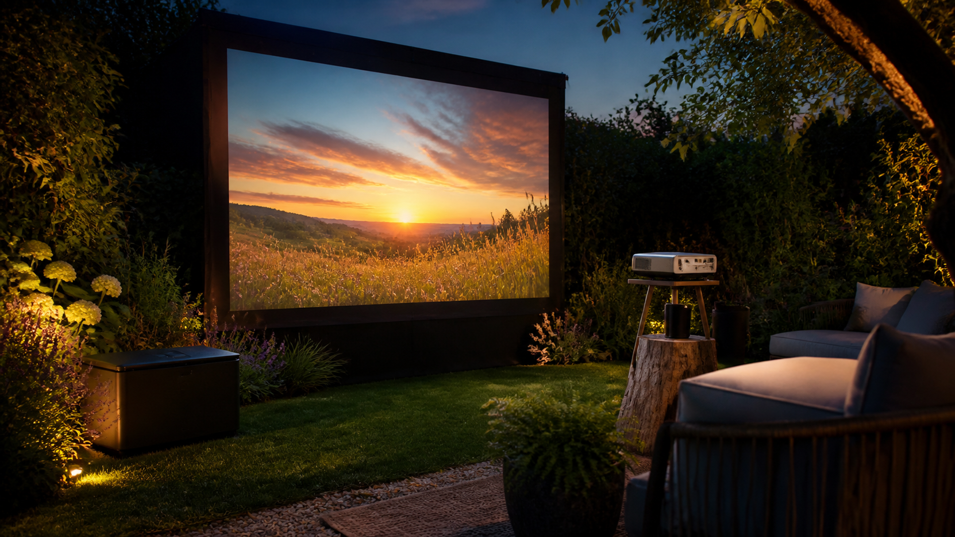 Outdoor garden cinema with framed screen, projector, protected power and seating at dusk