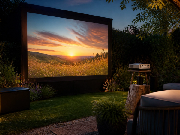 Outdoor garden cinema with framed screen, projector, protected power and seating at dusk