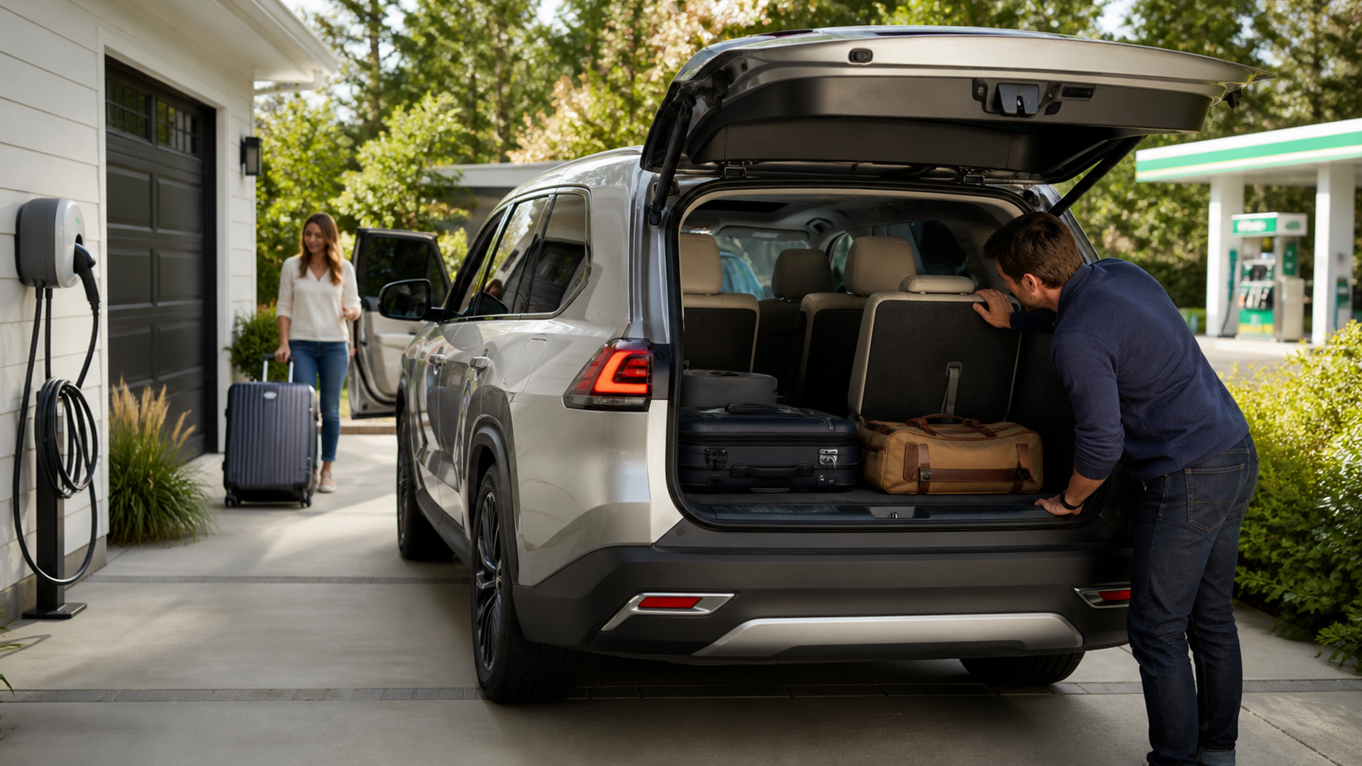 Adults and luggage testing the usable third row of a luxury SUV