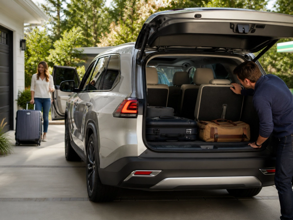 Adults and luggage testing the usable third row of a luxury SUV