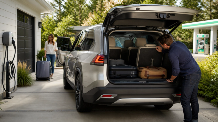 Adults and luggage testing the usable third row of a luxury SUV